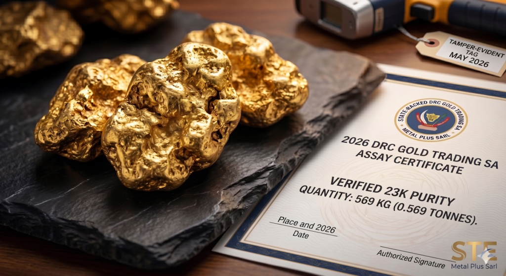 Official 2026 assay certificate verifying 569kg of 23K gold nuggets with 97% purity from STE Metal Plus Sarl.