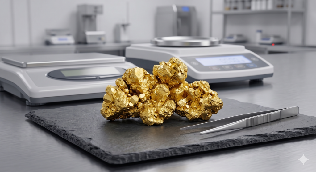 Close-up of 23K gold nuggets with 97% purity on a professional assay slate at STE Metal US Trade Desk.