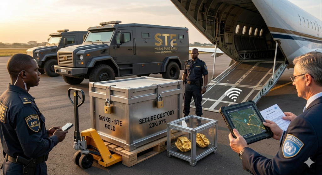 Secure transit logistics for 569kg of 23K gold nuggets 97% purity by STE Metal Plus Sarl.
