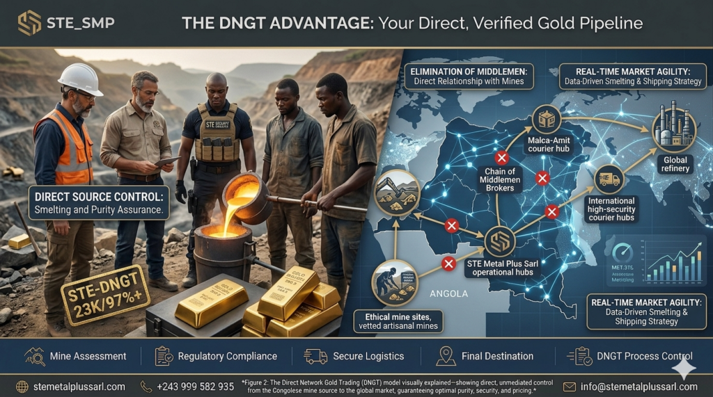 Infographic of the STE Metal Plus Sarl DNGT (Direct Network Gold Trading) model, showing direct control over Congolese gold smelting and a secure logistics pipeline that bypasses middlemen brokers to guarantee 23K 97% purity.