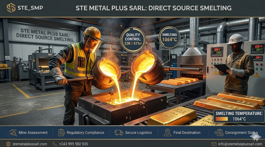 Industrial photograph taken from inside the STE Metal Plus Sarl facility in the DRC, showing molten 23K gold pouring from a glowing crucible into a dore bar mold, illustrative of direct source smelting control for secure gold trading.