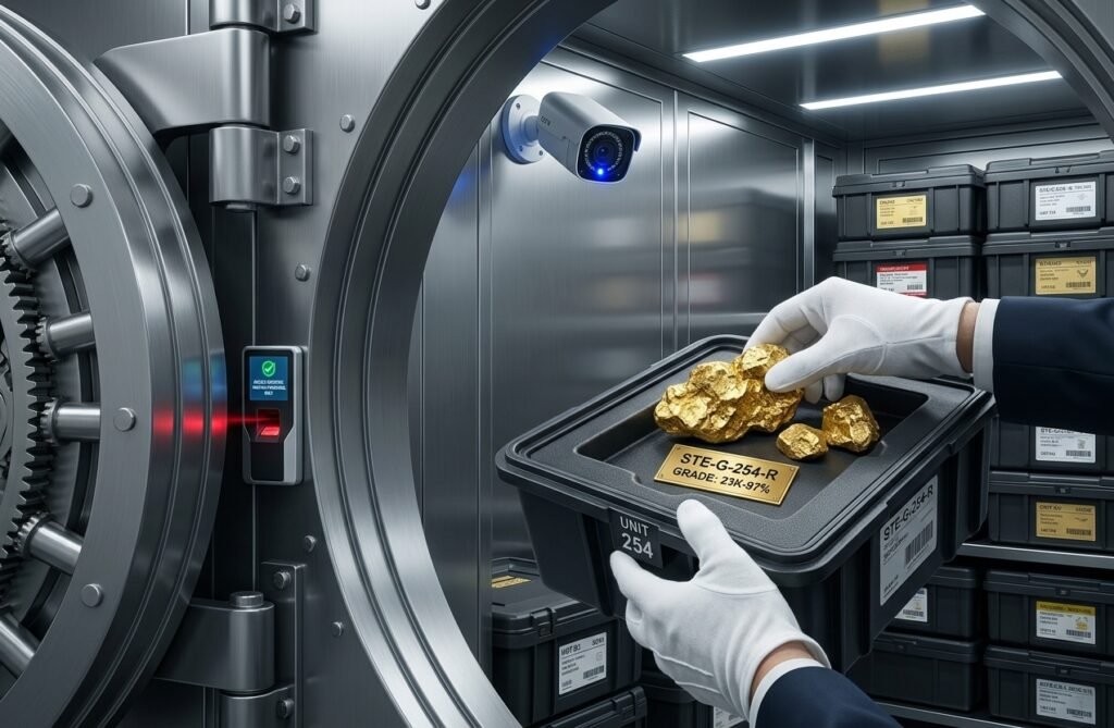 A gloved hand places verified 23K gold nuggets for export inside a secure storage unit within an advanced, biometric-access bonded vault facility.