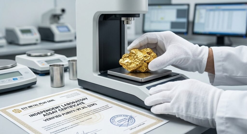 23K gold nuggets for export undergoing independent laboratory XRF assay verification and purity testing.