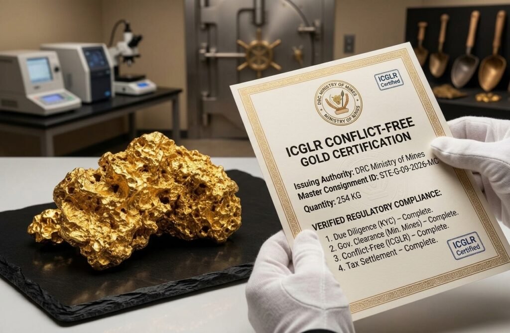 Official ICGLR conflict-free compliance certification paper for the 254 kg consignment of 23K gold nuggets for export by STE Metal Plus Sarl, shown held in gloved hands alongside raw nuggets.