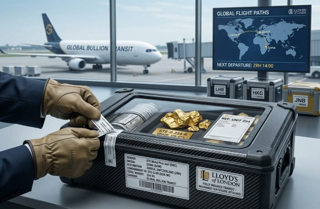 Secure logistics packaging of the 254 kg 23K gold nuggets consignment from Goma, DRC to Zurich, Switzerland. A specialist in brown gloves seals the transit case containing the gold plaque (STE-G-254-R). Detailed shipping labels, Lloyd's of London insured transit stickers, and Global Bullion Transit branding are visible against an airport background.