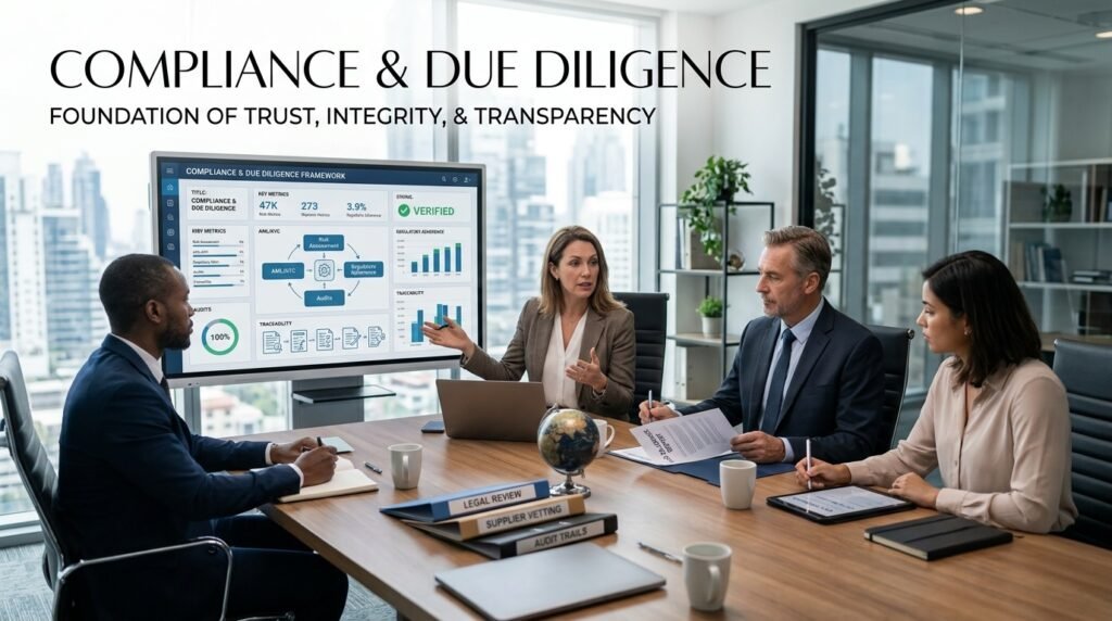 Corporate professionals in a modern boardroom reviewing a Compliance and Due Diligence Framework presentation, highlighting supply chain traceability, AML/KYC protocols, and audit metrics.