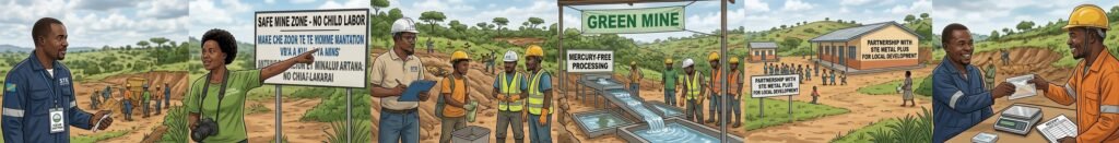Illustration demonstrating STE Metal Plus Sarl's commitment to ethical artisanal mining, featuring fair trade compensation, safe and child-labor-free work environments, and mercury-free environmental practices.