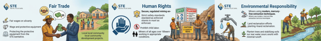 An infographic detailing the corporate social and environmental responsibility (CSR) framework of mining company STE Metal Plus SARL. The graphic is divided into three main illustrated panels with corresponding icons and text in English: "Fair Trade," "Human Rights," and "Environmental Responsibility." The "Fair Trade" panel shows illustrated miners shaking hands and receiving cash and school books in a village, with text promoting fair wages, provision of protective equipment, and local community development like schools. The "Human Rights" panel illustrates adult miners receiving training and safe-working conditions, a sign listing safety rules, and text that emphasizes a secure, regulated mining environment, strict safety standards, and prohibition of child labor (stating miners must be over 18). The "Environmental Responsibility" panel depicts miners planting trees and stabilizing soils near a clean river and water source, a waterfall, and text that advocates for using modern, mercury-free extraction techniques, and land reclamation efforts. Each section features the STE Metal Plus SARL logo and thematic icons: hands with money and school; a protective hand and safety signs; and water, trees, and land.
