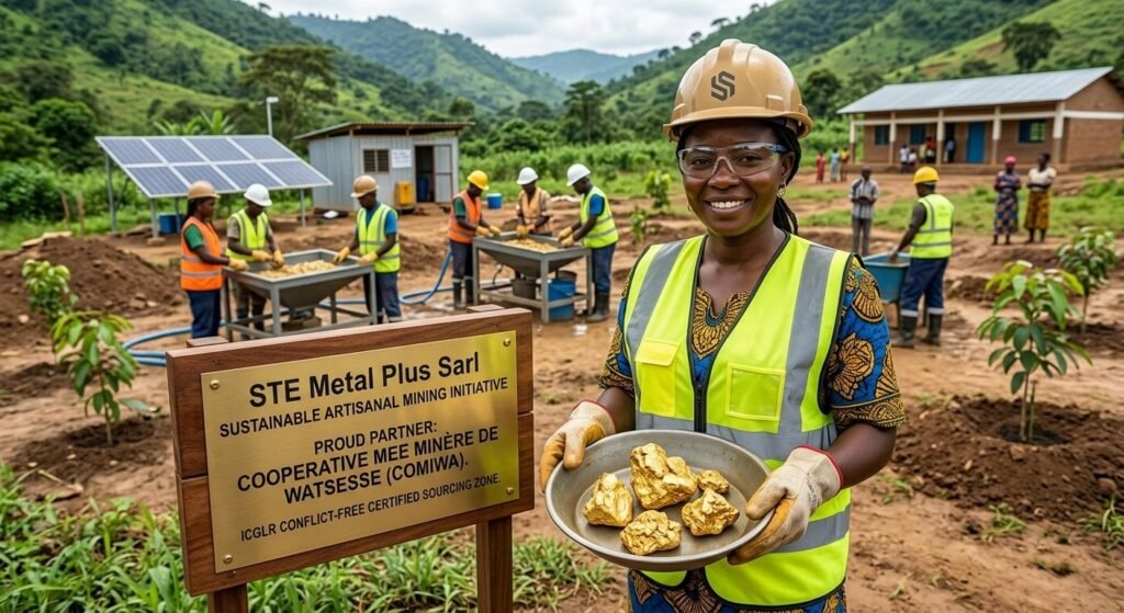 A Congolese woman miner proudly holds responsibly sourced 23K gold nuggets at an ICGLR conflict-free certified artisanal cooperative supported by STE Metal Plus Sarl in the DRC. The regulated mining site is visible in the background.